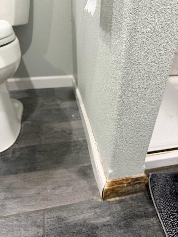 Responded to two reported basement leaks. First leak investigated in shower area where water damage was evident on siding and drywall adjacent to glass door. Removed trim plate and opened wall to inspect water lines and shower valve; no source of leak detected from plumbing components. Identified glass door positioned approximately one inch above shower pan with similar damage pattern on opposite side of door, indicating improper seal as likely cause. Recommended replacement of shower door seal to homeowner. Second leak located in mechanical room traced to failed PEX fitting. Successfully replaced faulty 3/4" x 1/2" PEX tee fitting to resolve mechanical room leak.