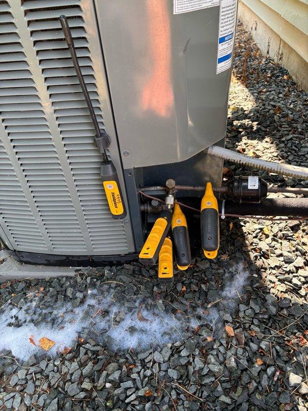 Completed maintenance agreement inspection on a split system consisting of a 2006 Guardian furnace and 2016 Trane air conditioning unit equipped with a TXV metering device. Performed comprehensive system diagnostics including refrigerant charge verification, electrical component testing, and airflow assessment.

Measured system subcooling at 10°F initially, which stabilized to a consistent 9–9.5°F after system equilibration, indicating proper refrigerant charge. Recorded indoor temperature split of 20°F across the evaporator coil, confirming adequate cooling performance. Tested dual run capacitor rated at 40/5 µF, which measured 39.2/4.5 µF—within acceptable ±10% tolerance and operating normally.

Identified partial dust accumulation on the left side of the evaporator coil, which is restricting airflow and reducing system efficiency. This condition can lead to decreased cooling capacity and increased energy consumption if left unaddressed. Documented equipment age, particularly noting 