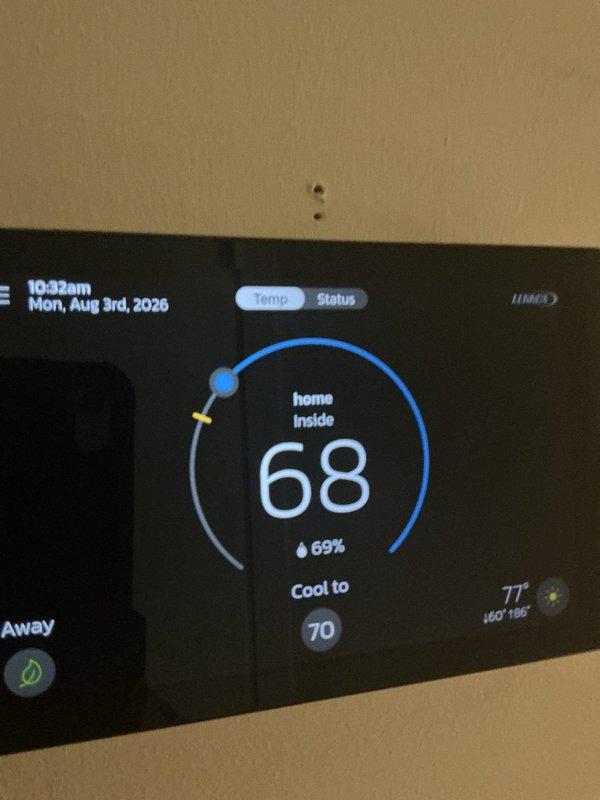 Responded to callback for excessive indoor humidity levels reading at 73%. Adjusted system airflow from 1200 CFM to 1050 CFM and disabled dehumidification mode on Lennox thermostat to optimize system performance. Upon adjustment, indoor humidity decreased to 69% with system cooling to setpoint of 70°F.
