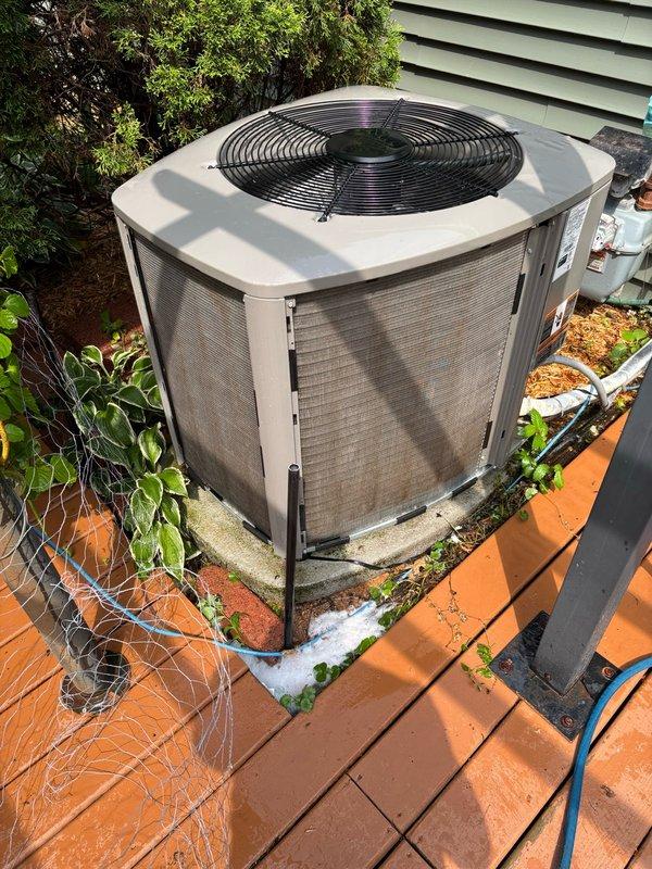 Completed preventive maintenance inspection on residential air conditioning system. Cleaned heavily debris-clogged condenser coil, inspected capacitor and contactor for proper operation, and checked condensate drain system. Identified incorrect air filter size currently installed—16-inch filter tested but determined too small for application. Documented problematic power switch placement directly above filter slot, which requires repeated power cycling during routine filter changes. Submitted work order request to relocate power switch away from filter access area to improve serviceability and prevent accidental system shutdowns during maintenance.