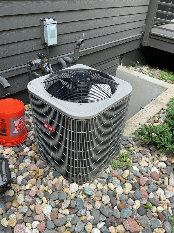 Responded to no-cool complaint on 14-year-old residential central air conditioning system. Diagnosed failing condenser fan motor preventing proper unit operation. Submitted parts order for replacement condenser fan motor and scheduled follow-up appointment for installation upon part arrival.