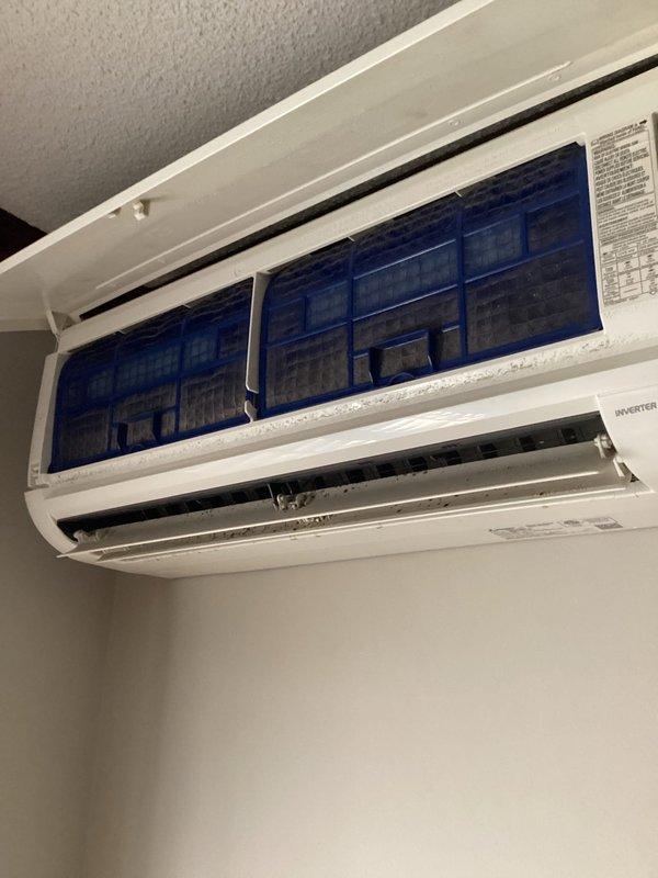 Completed annual maintenance on Mitsubishi Electric mini-split system with three indoor heads. All units operational with filters cleaned during visit; however, internal coils on all three heads show significant dirt accumulation requiring deep cleaning. Quote for additional cleaning services sent via email.