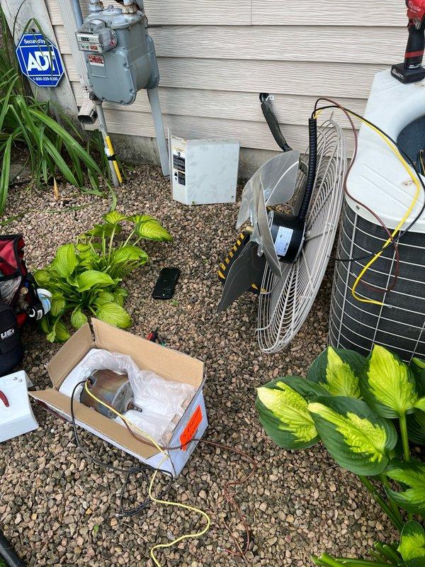 Replaced defective condenser fan motor on outdoor air conditioning unit. Removed old motor assembly, installed new replacement motor, and verified proper electrical connections. System testing confirmed successful repair with temperature differential exceeding 15 degrees across the evaporator coil, indicating optimal cooling performance and airflow restoration.