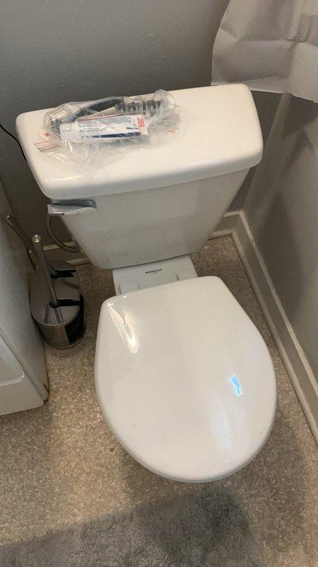 Conducted site assessment for toilet replacement in residential bathroom. Evaluated existing round-front toilet and measured available space to determine appropriate fixture specifications. Customer requested comfort height toilet with elongated bowl preference, however space constraints will likely require round-front configuration. Assessed water supply connections, flange condition, and floor mounting area. Tested water hardness levels on-site. Documented existing bathroom conditions including gray walls, tile flooring, and current fixture placement. Prepared and provided detailed estimate for complete toilet removal and installation of new comfort height unit with appropriate specifications for the space.