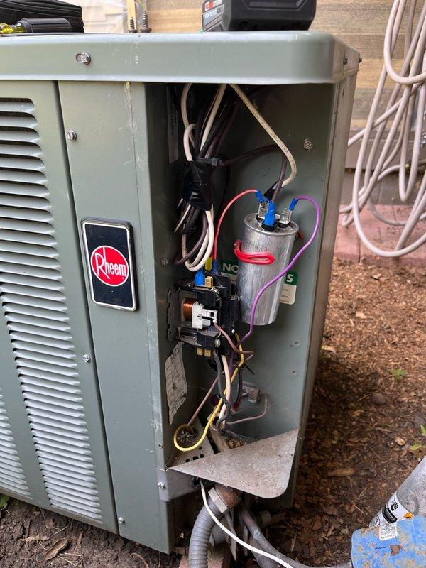 Completed comprehensive AC tune-up and maintenance on Rheem outdoor unit. Replaced dirty air filter, verified evaporator coil was clean with proper drainage, and confirmed blower operation. Inspected outdoor unit components including capacitor and contactor which were both in good condition. Removed access panels, thoroughly cleaned outdoor unit, and performed operational testing with system running for 15 minutes. System performed optimally with 19-20 degree temperature split across the coil and no issues detected.