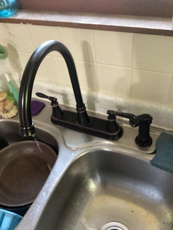 Responded to kitchen faucet leak complaint. Diagnosed black gooseneck-style faucet with two-handle configuration leaking from spout while in closed position, indicating internal valve failure. Documented existing installation with double-basin stainless steel sink setup including separate side sprayer. Provided pricing options for faucet replacement. Customer declined service and elected to purchase and install replacement faucet independently.