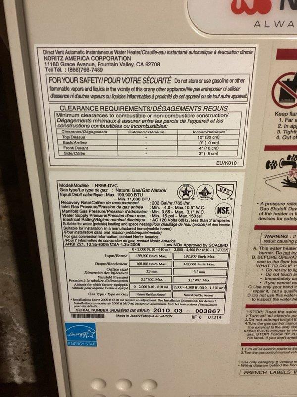 Performed routine maintenance flush on a Noritz NR98-OVC direct vent tankless water heater unit. Completed descaling and flushing procedure to remove mineral buildup and ensure optimal performance and efficiency. Verified all connections, gas pressure specifications, and water supply pressure remained within manufacturer guidelines upon completion.