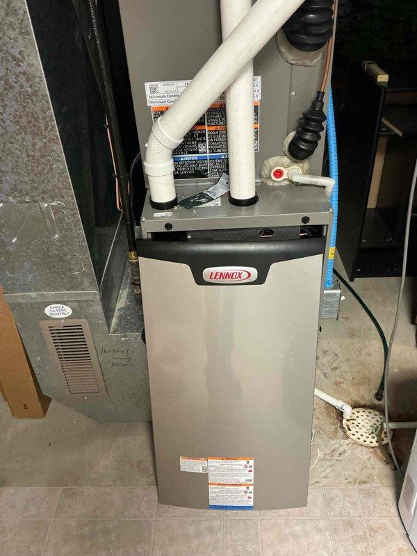 Completed warranty replacement of failed control board on Lennox furnace unit. Removed defective control board, installed new replacement board, configured all dip switch settings to match system specifications, and programmed the board for proper operation. Performed operational testing to verify all furnace functions operating correctly and system restored to full working condition.