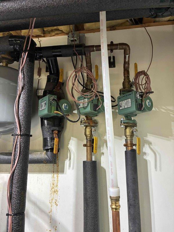 Responded to no-cooling complaint on recently installed geothermal system. Diagnosed locked-up circulator pump serving the chiller loop for the air handler. Upon inspection, determined all three existing 17-year-old circulator pumps were not replaced during the recent geothermal installation and require replacement to ensure proper system operation. Submitted parts order for three replacement circulator pumps with integrated control boards to complete the installation properly.