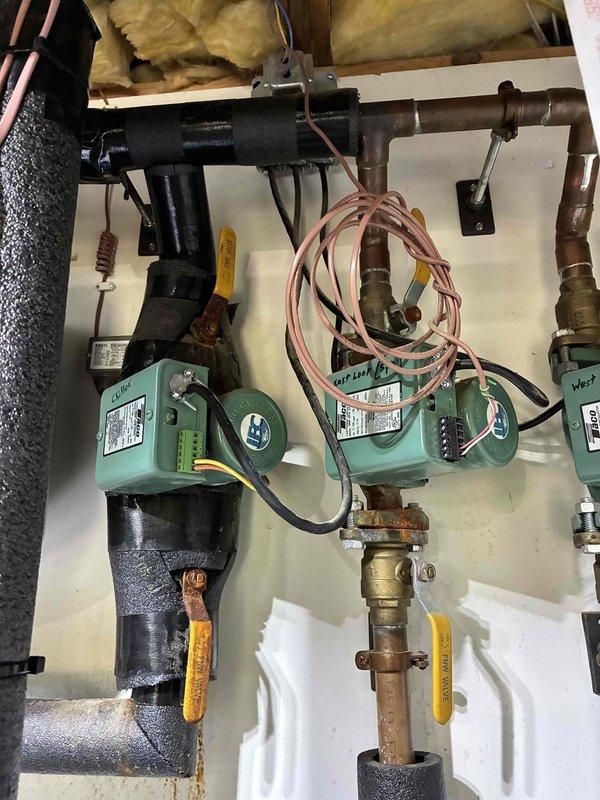 Responded to no-cooling complaint on recently installed geothermal system. Diagnosed locked-up circulator pump serving the chiller loop for the air handler. Upon inspection, determined all three existing 17-year-old circulator pumps were not replaced during the recent geothermal installation and require replacement to ensure proper system operation. Submitted parts order for three replacement circulator pumps with integrated control boards to complete the installation properly.