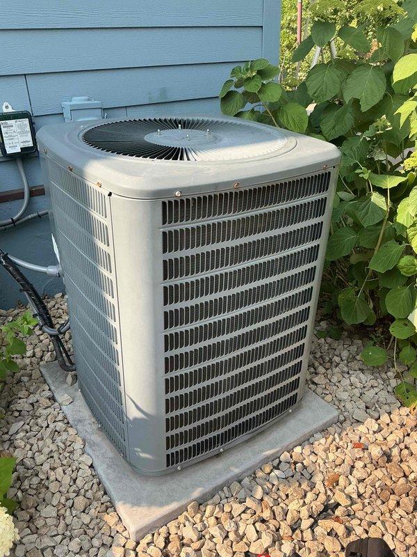 Completed annual cooling tune-up on 19-year-old residential AC unit. Inspection revealed contactor in good condition, capacitor testing weak and nearing end of service life, amp draws within normal parameters, refrigerant charge at proper levels, clean air filter, 20-degree temperature split within specifications, and clean evaporator coil. During inspection, discovered cracked heat exchanger in gas furnace, requiring immediate safety shutdown per code requirements. Discussed equipment condition and replacement options with homeowner and scheduled follow-up consultation with service advisor.