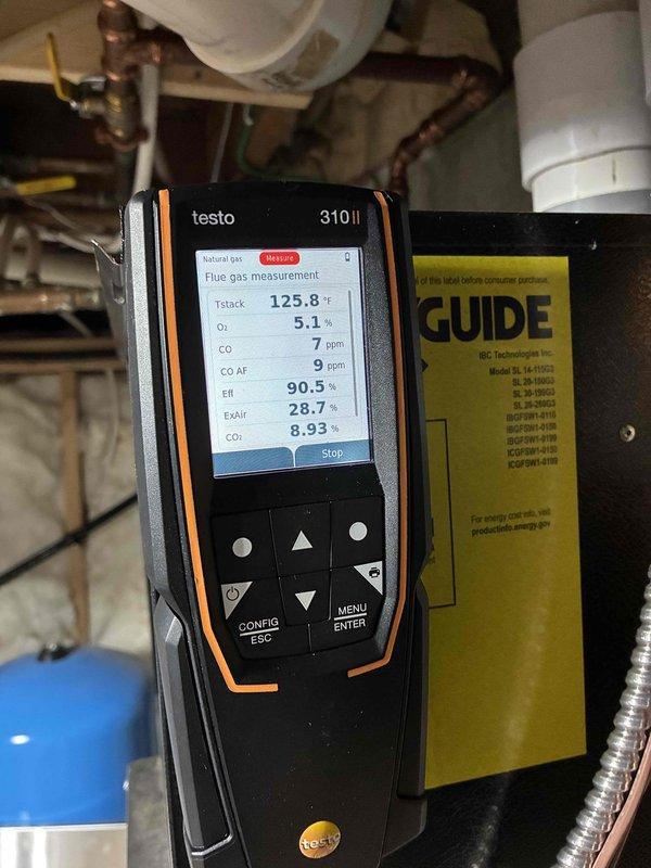 Replaced defective gas regulator on incoming gas line under full warranty coverage. Performed comprehensive leak check on all gas fittings with no leaks detected. Set incoming gas pressure at 8.6 inches water column for both furnace and boiler systems. Adjusted furnace manifold pressures to 1.6 and 3.45 inches water column. Commissioned boiler by setting and verifying high-fire and low-fire combustion levels, achieving optimal efficiency readings of 90.5% with CO levels at 7 ppm and oxygen at 5.1%. All equipment operational and performing to manufacturer specifications.