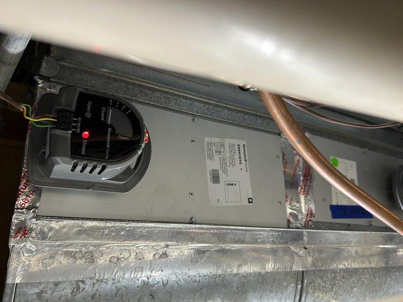Replaced malfunctioning zone 2 motorized damper that was intermittently sticking during operation. Installed new Belimo damper actuator, verified proper wiring connections, and cycled the zone multiple times to confirm full range of motion and reliable operation across all heating and cooling calls.