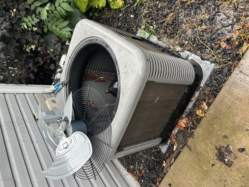 Completed routine maintenance on three-year-old air conditioning system including air filter replacement, condensate drain clearing, blower compartment inspection, condenser coil cleaning, and electrical component verification. System tested with gauges showing proper refrigerant charge levels and adequate cooling performance. Customer reported two zone dampers requiring replacement—one sticking and not opening fully, the other missing motor assembly due to previous failure—parts ordered for future service.