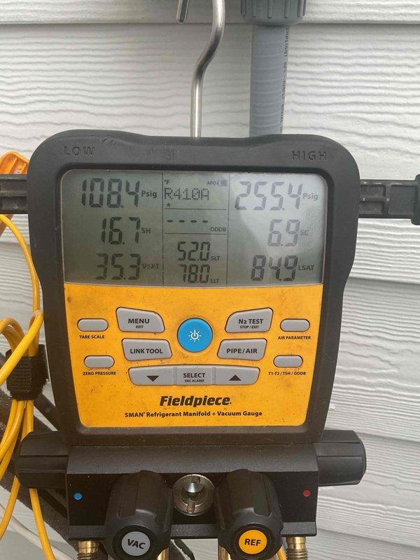Completed routine maintenance and tune-up on residential R410A air conditioning system per Family Rewards membership agreement. Performed comprehensive system diagnostics using refrigerant manifold gauges, verified proper refrigerant pressures (108.4 PSIG suction, 255.4 PSIG discharge), checked superheat and subcool values, and inspected outdoor condensing unit. System operating within normal parameters with no issues identified.