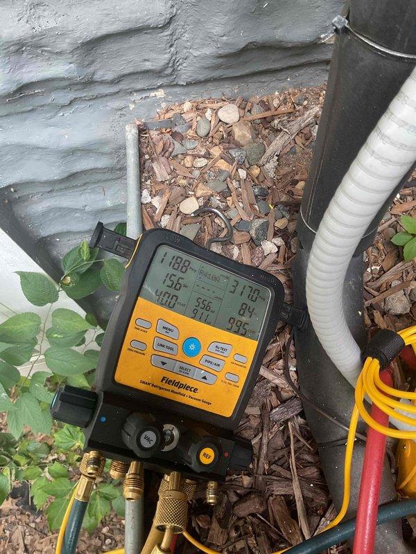 Responded to no cooling complaint on 10+ year old system with 3-degree temperature differential between setpoint and actual room temperature. Performed diagnostic evaluation using digital manifold gauges to assess refrigerant pressures and system performance. Completed full annual cooling maintenance tune-up including system inspection, performance testing, and necessary adjustments. System operational upon service completion with no issues identified requiring immediate repair.