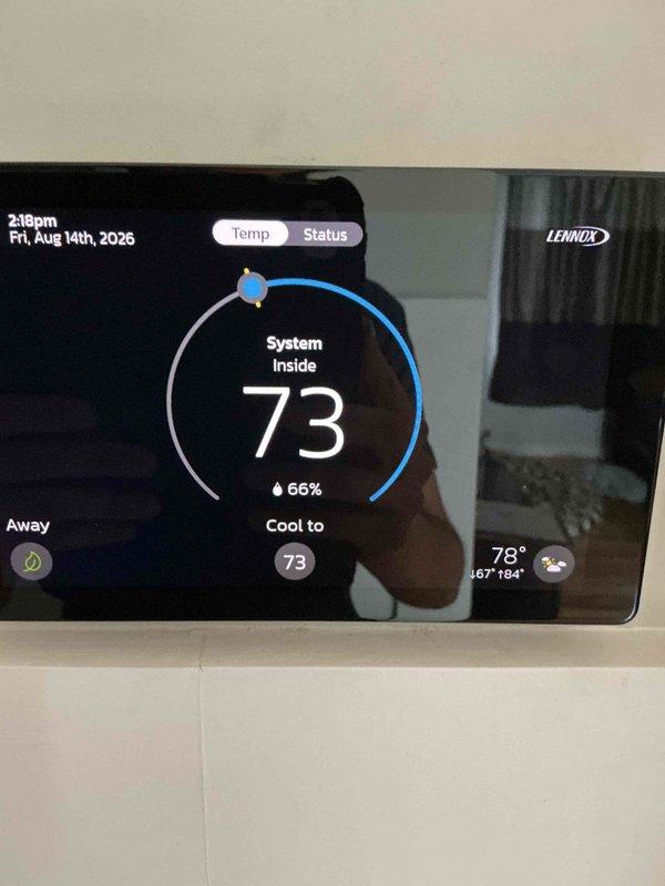 Responded to callback for recently upgraded thermostat system (S30 to S40 model). Customer reported incorrect blower fan speed settings and rising humidity levels following initial installation. Verified and adjusted fan speed parameters to match originally specified settings, correcting discrepancy that had caused increased humidity readings. Confirmed thermostat displaying 73°F indoor temperature with 66% relative humidity at time of service, and system operating in cooling mode to maintain setpoint.