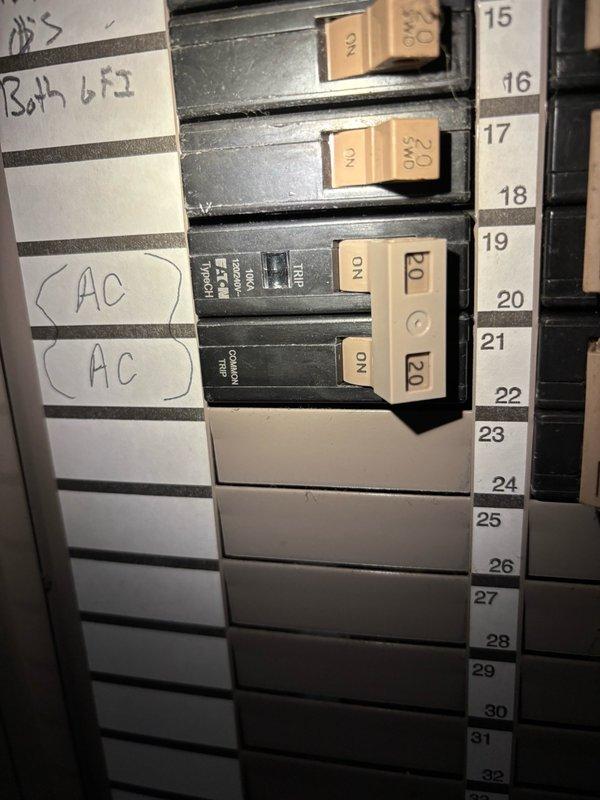 Returned to complete circuit breaker installation for HVAC system. Successfully installed 20 amp double-pole Cutler Hammer breaker, replacing previous 30 amp breaker to meet proper electrical specifications for the air conditioning unit. Installation completed and system operational.