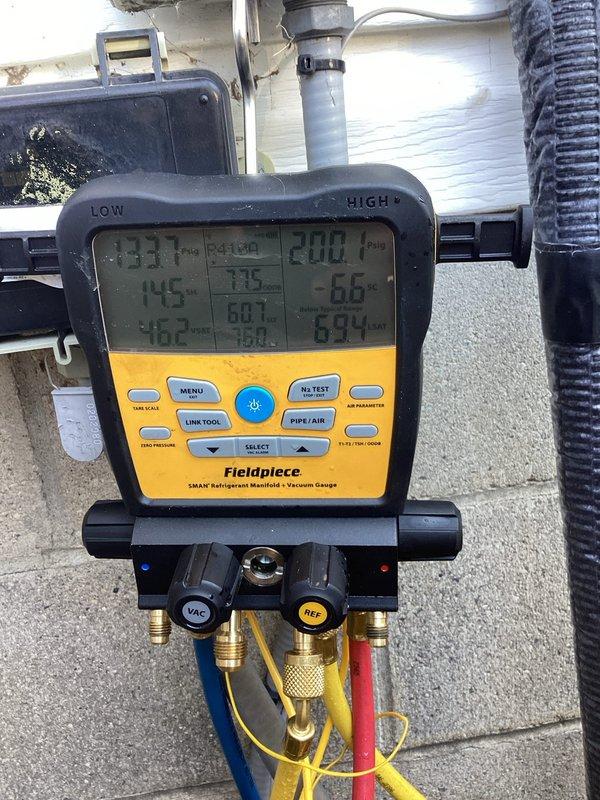 Responded to a no cooling complaint on a 4-year-old air conditioning system that was running continuously but not maintaining temperature. Upon diagnosis, found the system was low on refrigerant charge, indicating a potential leak in the system. Recharged the unit to proper operating levels and injected UV leak detection dye into the refrigerant circuit to facilitate future leak identification. Follow-up visit will be required in 1-2 months to locate and repair the leak source once the dye has circulated through the system.