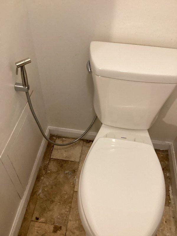 Removed and replaced defective toilet with new Gerber Viper elongated standard height model. Installed customer-supplied handheld bidet sprayer with wall-mount bracket and connected flexible supply line to water source. All connections tested and verified leak-free upon completion.
