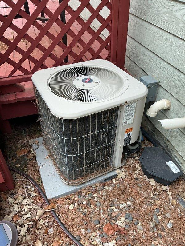 Performed annual air conditioning maintenance on 27-year-old R22 system. Upon inspection, identified failed dual capacitor and compromised heat exchanger. Replaced dual capacitor to restore proper compressor and fan motor operation. Scheduled comfort advisor consultation due to heat exchanger failure requiring system evaluation for replacement options given age and refrigerant phase-out considerations.