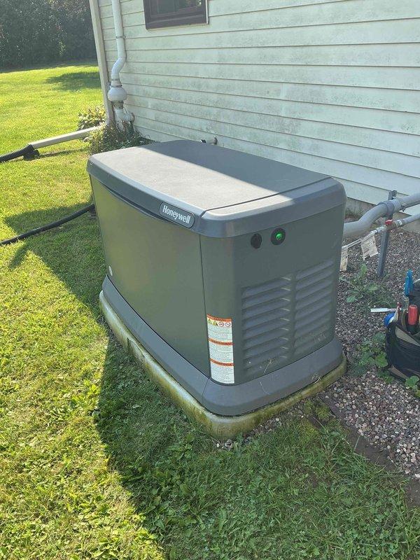 Replaced defective gas regulator on residential Honeywell standby generator under full parts and labor warranty. Installed new regulator, performed leak test on all gas connections, and verified proper gas pressure delivery to unit. All systems tested and operational with no leaks detected. Additionally provided consultation regarding existing boiler system and discussed annual maintenance requirements including system pressurization and water level monitoring.