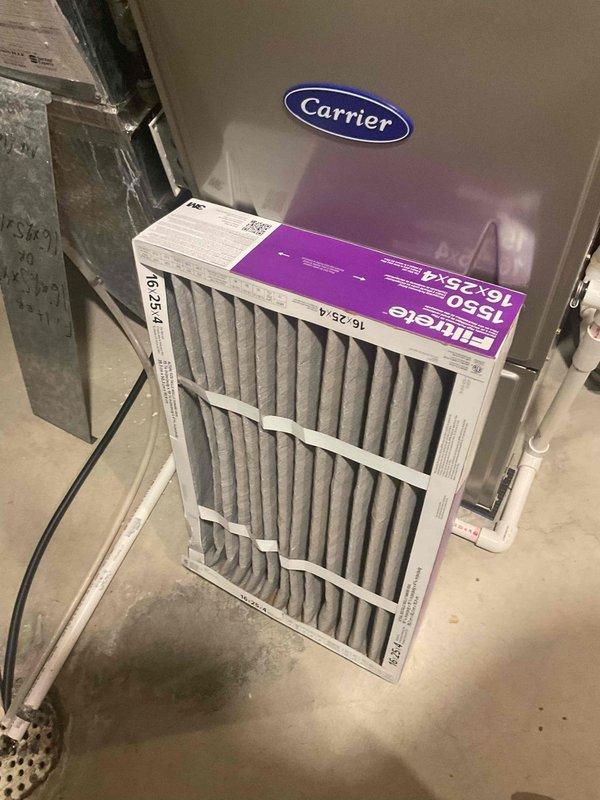 Responded to service call regarding elevated humidity levels and dampness concerns in home with reports of warping floors. Upon arrival, performed comprehensive indoor air quality assessment and humidity evaluation. Inspected Carrier HVAC system and measured relative humidity levels using calibrated instruments. Found humidity readings within acceptable range at 57%, indicating no mechanical issues with the system's humidity control. Identified heavily soiled air filter as contributing factor to reduced air circulation and customer comfort concerns. Replaced dirty filter with new Filtrete 16x25x4 pleated media filter to restore proper airflow and system efficiency. Verified thermostat operation and settings on digital control unit, confirming proper system function at 68°F setpoint. Educated customer on acceptable indoor humidity ranges and recommended monitoring conditions following filter replacement to ensure improved air circulation addresses comfort concerns.