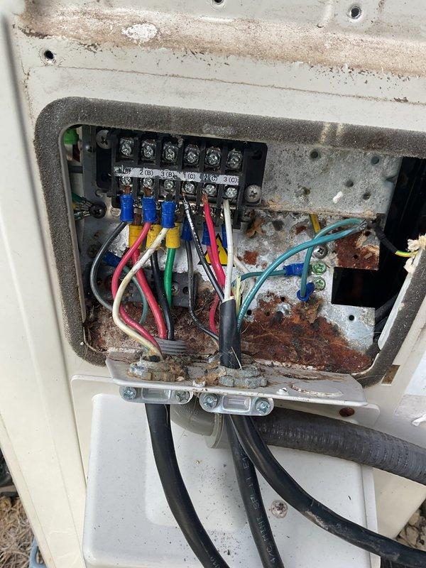 Responded to service call for non-operational mini split system with no heating or cooling capability. Upon inspection, discovered rodent nest near outdoor unit wiring ports with extensive wire damage from chewing. Removed damaged wiring, cut back affected conductors to undamaged sections, and completed rewiring of mini split head to outdoor condensing unit, restoring system to proper operation.