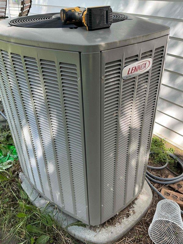 Completed annual air conditioning tune-up and preventive maintenance on a 6-year-old Lennox cooling system. Performed comprehensive system inspection including electrical measurements showing 11.55 amps draw at 60 Hz, verified proper amperage within manufacturer specifications, and confirmed all components operating normally. System found functioning correctly with no deficiencies noted at time of service.