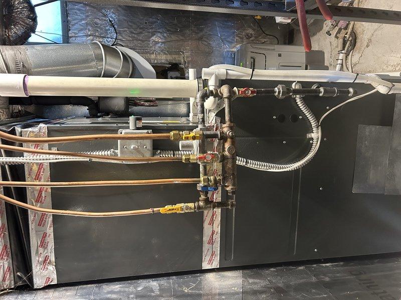 Responded to gas utility shutoff due to multiple leaks identified on residential gas supply lines. Located and repaired leaks at union fitting, elbow joint, shut-off valve, and drip leg as marked by gas company. Performed pressure testing on all repaired connections to verify system integrity and confirm leak-free operation before restoration of gas service.