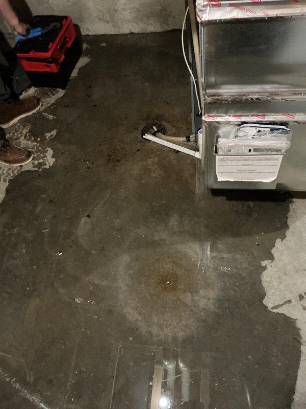 Responded to a clogged floor drain causing water backup in basement. Upon inspection, discovered that a test cap had been left installed on the floor drain with only a small hole allowing minimal water flow, resulting in drainage obstruction and standing water accumulation. Removed the test cap to restore full drainage capacity and resolve the backup issue.