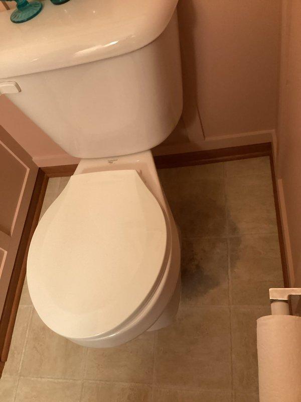 Responded to service call for clogged bathroom sink and leaking toilet in powder room. Inspected toilet and identified active leak at base of fixture where it meets the floor, indicating failed wax ring seal. Assessed sink drain system and P-trap assembly beneath vanity cabinet. Provided estimate for complete toilet replacement due to compromised base seal. Documented existing conditions with photographs of affected fixtures for customer review.