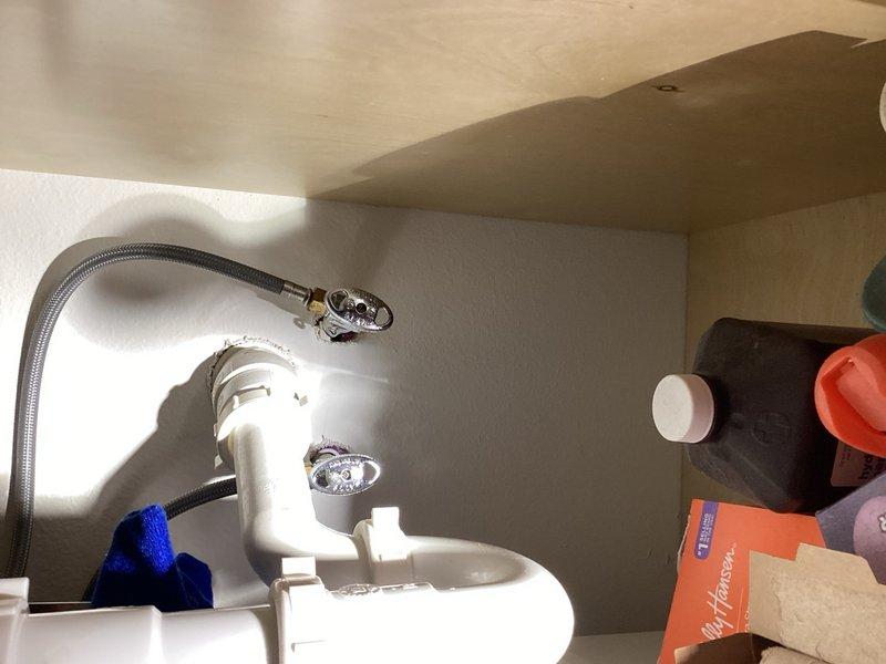 Conducted plumbing inspection and provided estimates for multiple fixture repairs. Assessed two shower cartridges requiring replacement in upper and lower level bathrooms and evaluated kitchen faucet installation requirements. Identified corroded drain assembly in master bathroom requiring future attention. Documented existing plumbing conditions including exposed brass piping with shutoff valves and bathroom sink fixtures. Provided comprehensive estimates for cartridge replacements, faucet installation, and recommended future repairs and maintenance to address corroded drain components.