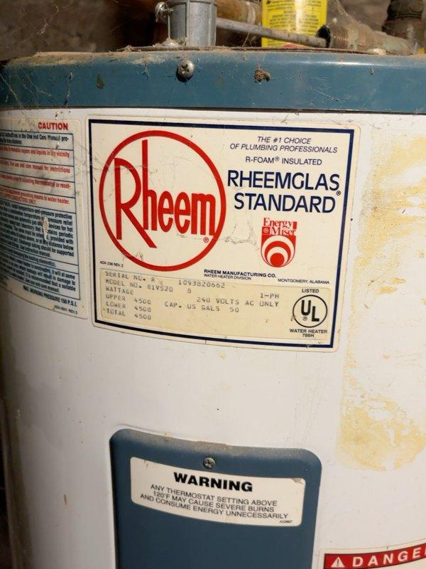 Responded to service call for inadequate hot water supply during shower use. Upon inspection, identified aging Rheem Rheemglas Standard tanked water heater at end of serviceable life, exhibiting reduced recovery rate and insufficient hot water production. Unit showed visible signs of deterioration including surface discoloration and wear consistent with extended service beyond typical lifespan. Documented unit specifications and current condition with photographs. Customer advised of equipment failure and provided estimates for standard water heater replacement and alternative boiler system options.