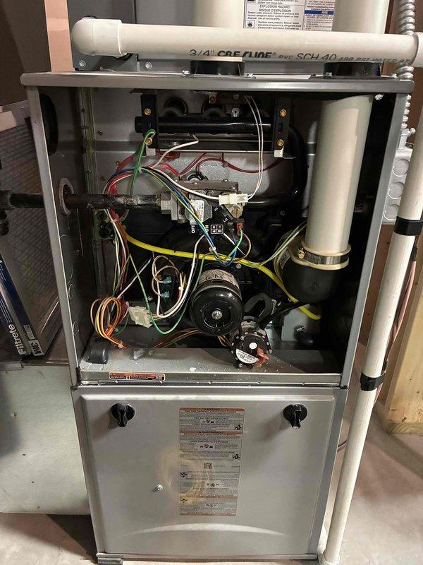 Completed preventive maintenance on residential furnace system per maintenance agreement. Performed comprehensive inspection of all mechanical and electrical components, including blower motor assembly, control boards, wiring connections, and PVC condensate drainage system. Cleaned routine components, verified all operational parameters within manufacturer specifications, and confirmed proper system operation with no deficiencies noted.