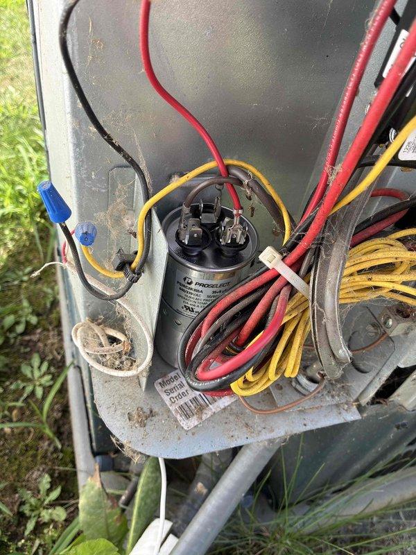 Responded to no cooling complaint on 7-year-old Evcon system under maintenance agreement. Diagnosed failed capacitor preventing condenser from starting. Replaced defective ProSelect capacitor and verified proper system operation with all components functioning correctly.
