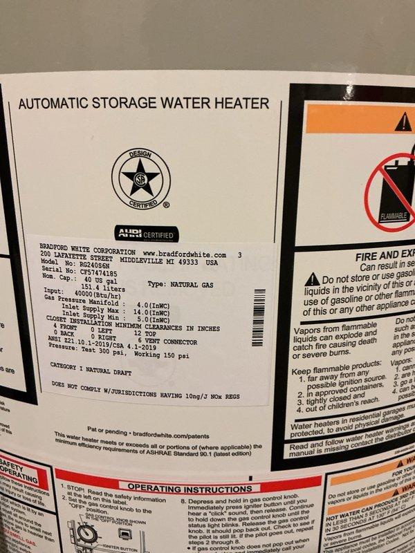 Responded to a water heater emergency where the existing unit was leaking from the bottom due to age-related deterioration. Upon assessment, determined the tank had failed and required full replacement rather than repair. Removed the old water heater and installed a new 40-gallon natural gas standard vent water heater manufactured by Bradford White Corporation. Connected all gas lines, water supply lines, and venting per manufacturer specifications and local code requirements. Verified proper operation, checked for leaks, and ensured all safety controls were functioning correctly before completing the installation.