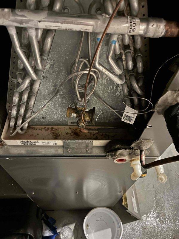 Responded to water leakage complaint from Lennox furnace unit installed two years prior. Upon inspection, discovered evaporator coil drain pan was full and overflowing onto floor. Identified blockage in MPT to barb fitting at drain pan outlet caused by accumulated debris and gunk. Removed and cleaned elbow fitting, flushed remaining sediment from drain pan, and verified proper drainage flow was restored. System operational with condensate draining correctly.