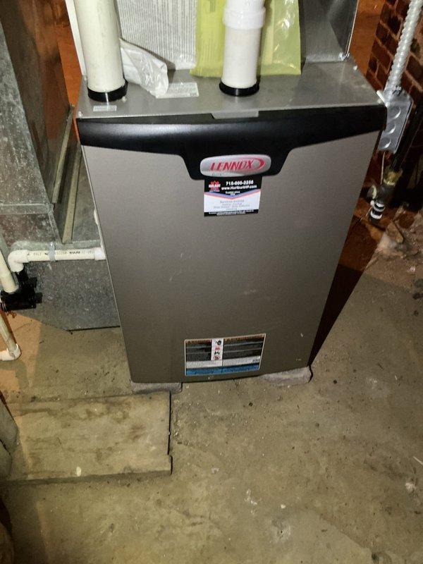 Completed scheduled furnace tune-up on 4-year-old Lennox gas furnace system. Replaced dirty air filter, performed comprehensive inspection of gas valve assembly, burner components, and electrical control system. All components found to be operating within normal parameters; customer advised that comfort advisor will follow up regarding air conditioning installation options.
