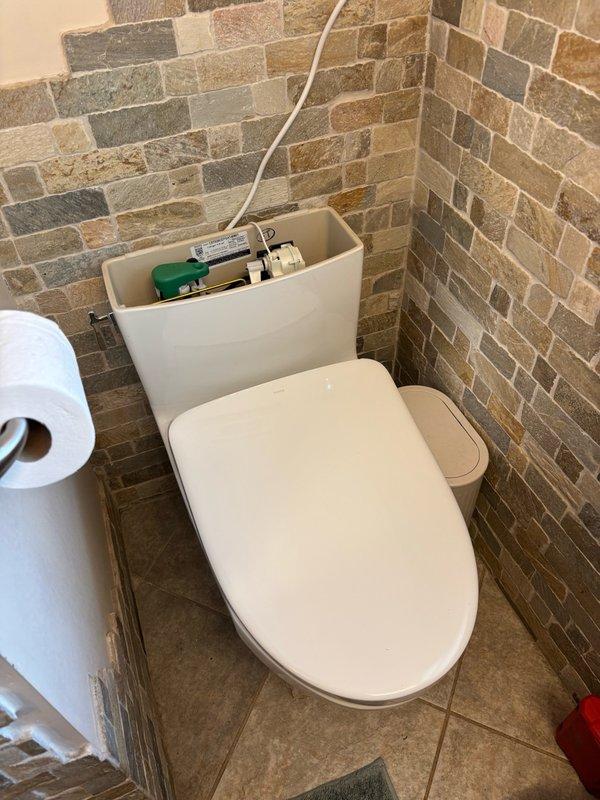 Removed existing toilet from upstairs bathroom and installed customer-supplied one-piece Toto toilet with integrated washlet bidet seat. Used plastic closet flange extension kit with gasket to ensure proper mounting height and seal. Completed all water supply connections, tested flush mechanism and bidet functionality to verify proper operation. Pre-existing cosmetic scuffs were noted in bowl prior to installation. Unit left in full working order with no leaks or operational issues.