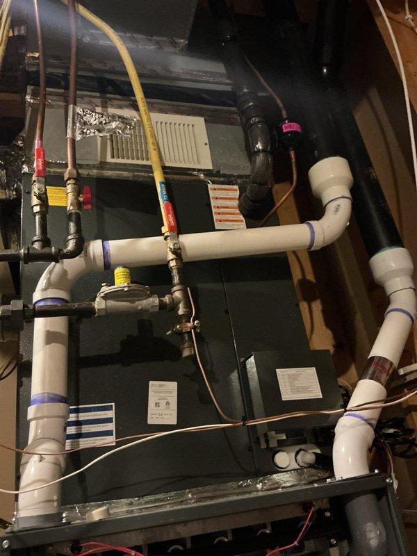 Performed comprehensive furnace tune-up on 2-year-old unit as part of maintenance agreement. Verified high and low gas pressures within manufacturer specifications with no adjustments required. Tested flame sensor and ignitor, confirming both components operating within acceptable parameters. Measured carbon monoxide levels in flue, verifying safe operation. Inspected blower assembly, motor connections, and all electrical components for proper function. Examined PVC venting system, refrigerant lines, and air handler installation. All system components tested and found operating correctly within specifications. Advised homeowner to change filter media pad every 3 months for optimal performance. Unit is fully operational and prepared for heating season.