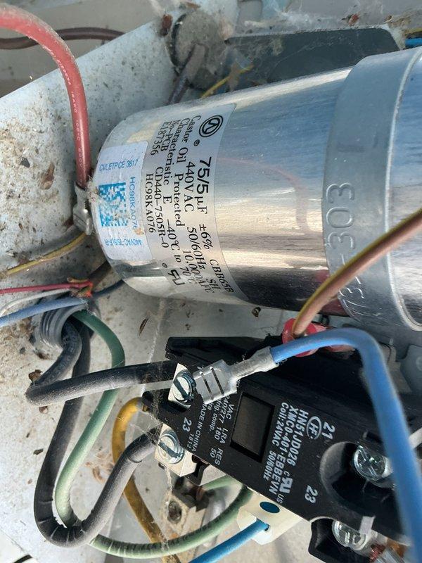 Responded to no cooling complaint on Unit 6 with outdoor unit failing to energize. Diagnosed and identified failed dual-run capacitor as root cause preventing compressor and condenser fan operation. Replaced defective capacitor with new unit rated at 440 VAC (45+5 MFD), restoring normal system operation and cooling functionality.