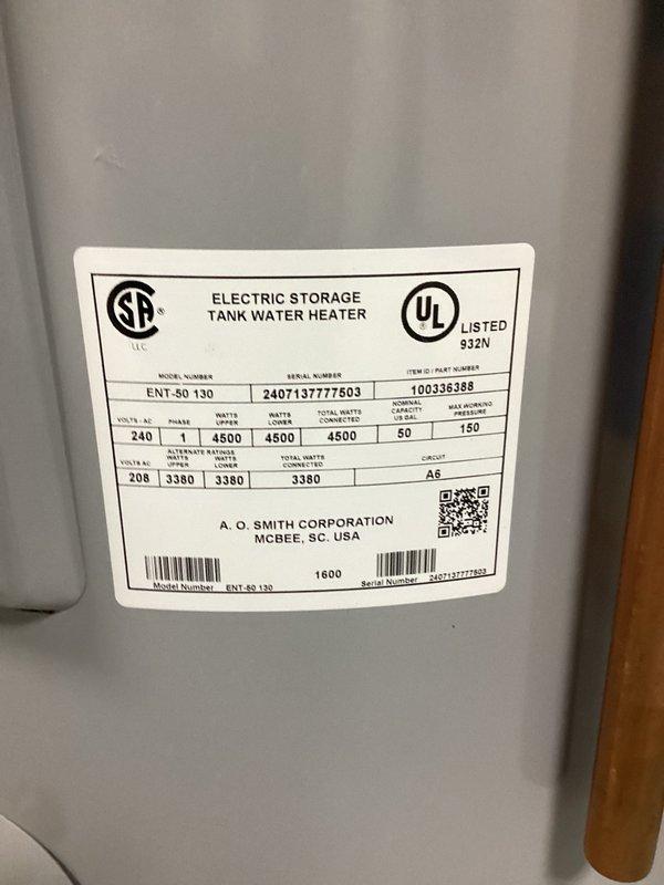 Responded to service call for water heater experiencing premature hot water depletion during showering. Upon inspection of the A.O. Smith ProLine Commercial Grade 50-gallon electric water heater (Model ENT-80), diagnosed faulty lower thermostat as the root cause of inadequate heating performance. Successfully replaced the defective lower thermostat, restoring proper temperature regulation and hot water capacity to the unit.
