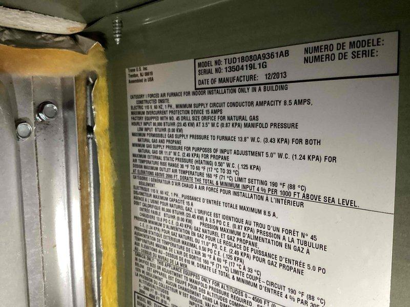 Completed annual heating maintenance visit on a single furnace unit, model TUD1B080A9361AB manufactured in December 2013. Performed comprehensive inspection of the blower assembly, verified proper fan operation, and checked all safety labels and components. All systems operating within normal parameters with no deficiencies noted or repairs required.