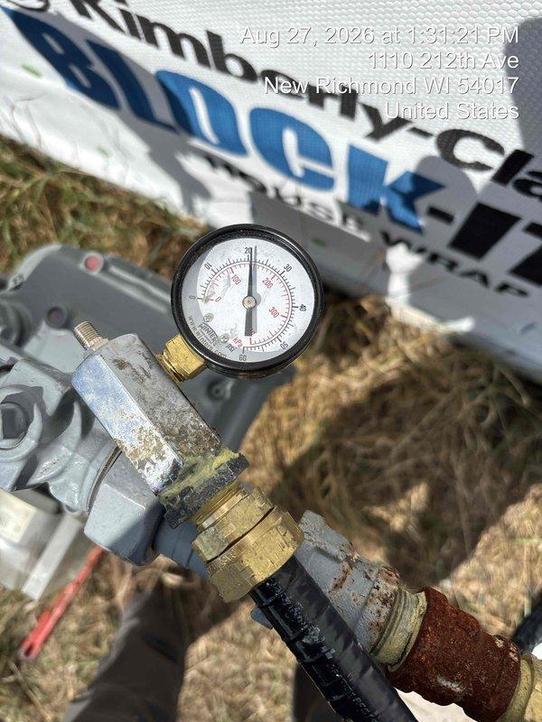 Performed gas line pressure test in preparation for inspector arrival. Arrived early per request due to inspector's history of early arrivals. Set up pressure gauge on gas piping system and initiated pressure test. Met with inspector on-site and maintained test pressure throughout inspection process. Test equipment left in place with gauge monitoring system pressure for inspector verification. Installation to be completed by install team upon inspector approval and test conclusion.