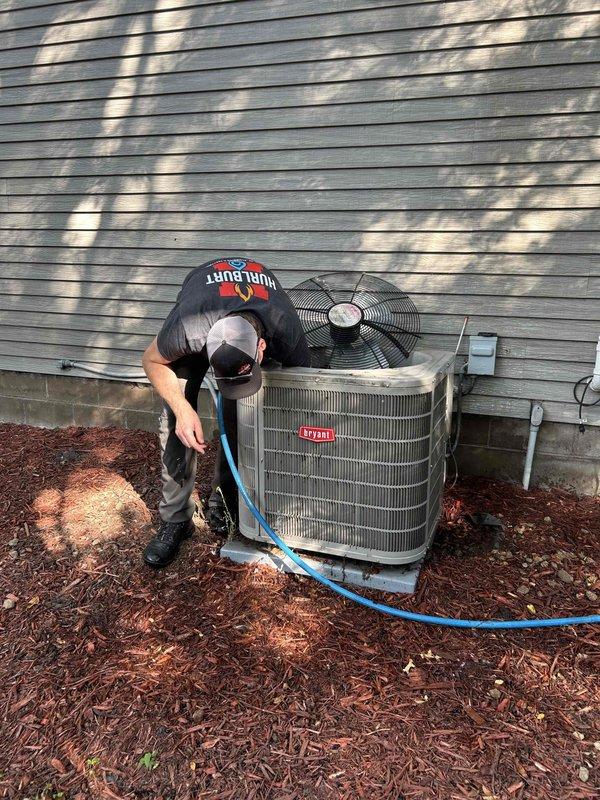 Completed comprehensive annual maintenance service on Bryant air conditioning system and furnace per maintenance agreement. Performed full system tune-up including inspection, cleaning, and testing of both units. Condenser coils were cleaned using appropriate cleaning solution and hose, ensuring optimal heat transfer efficiency. Verified proper operation of condenser fan motor and checked electrical connections at disconnect box. Captured detailed photographs of equipment make, model, and serial number information for service records as requested. Furnace inspection completed per tune-up protocol with all safety and operational checks performed. Both systems found to be operating within manufacturer specifications upon completion of maintenance procedures.