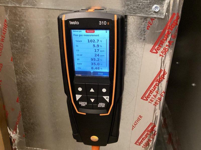 Completed annual heating maintenance visit on one 2-year-old gas furnace and one heat pump system per maintenance agreement. Performed comprehensive heating system inspection including combustion analysis using Testo 310 II analyzer, which showed natural gas furnace operating at 95.0% efficiency with acceptable O2 levels at 5.9% and CO readings at 1.7 ppm. Conducted temperature measurements in attic space and inspected ductwork systems. All equipment found operating within normal parameters with no deficiencies noted or repairs required at this time.