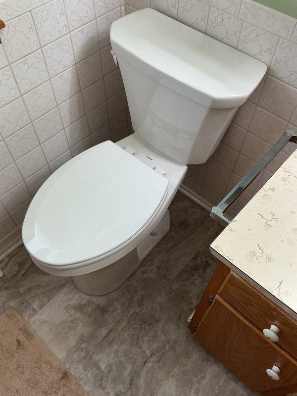 Responded to a toilet leak in an owner-occupied residence. Upon inspection, identified a failed tank-to-bowl gasket on an Eljer toilet causing water seepage. Removed the existing toilet and replaced it with a new ADA-compliant toilet, ensuring proper seal installation and secure mounting. Tested the new installation for leaks and verified proper flush operation before completing the service.