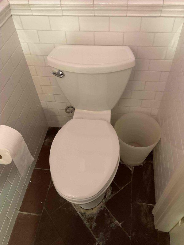Responded to report of multiple toilet issues in residential property with seven total toilets, three of which were experiencing leaking and clogging problems. Upon inspection, identified water staining and moisture damage on bathroom floor tiles surrounding toilet base, indicating active leak at wax ring seal. Assessed toilet condition and operational issues across affected units. Documented existing damage and provided quote for toilet replacement to address chronic leaking and clogging concerns.