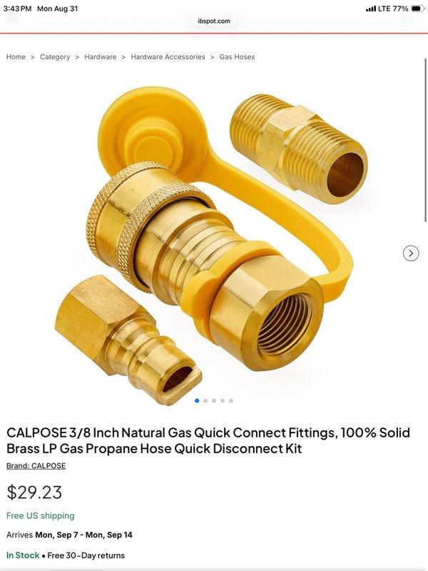 Responded to gas service call and determined no gas leak present. Upon inspection, identified incompatible quick-connect adapter preventing proper connection between grill gas whip and gas line on deck. Provided quote for replacing existing quick-connect fitting with compatible brass natural gas quick-disconnect kit to establish proper gas connection for outdoor grill appliance.